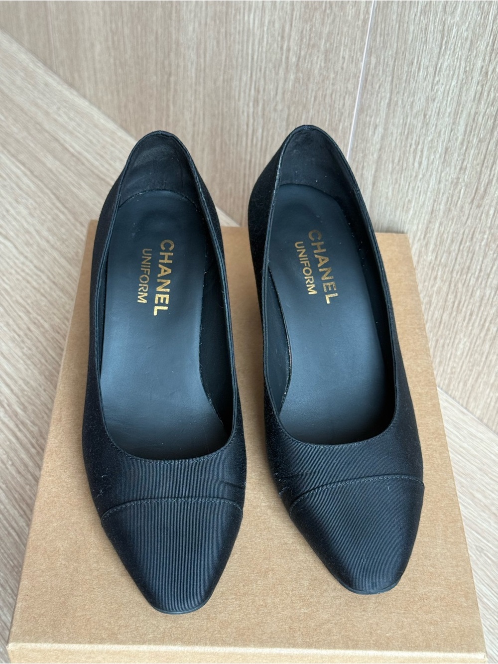 CHANEL Black Pointed-Toe Satin Pumps